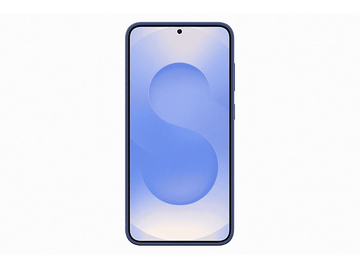 Téléphone bleu avec un design en forme de 'S' bleu clair sur l'écran, sur fond blanc.