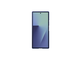 Un smartphone avec un étui bleu et un écran dégradé coloré est centré sur un fond noir.