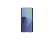 Un smartphone avec un étui bleu et un écran dégradé coloré est centré sur un fond noir.