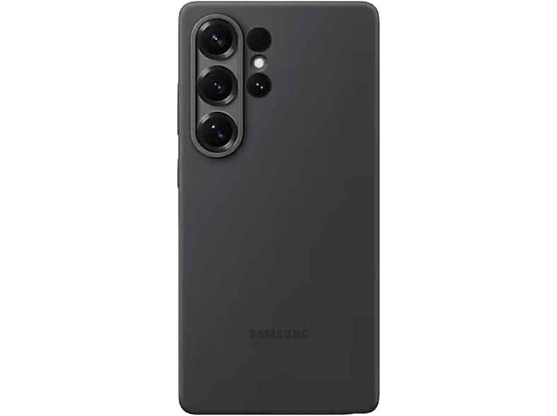 Téléphone gris foncé avec configuration triple caméra.