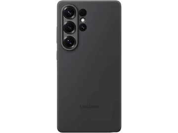 Téléphone gris foncé avec configuration triple caméra.
