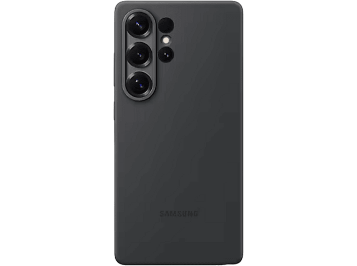 Téléphone gris foncé avec configuration triple caméra.