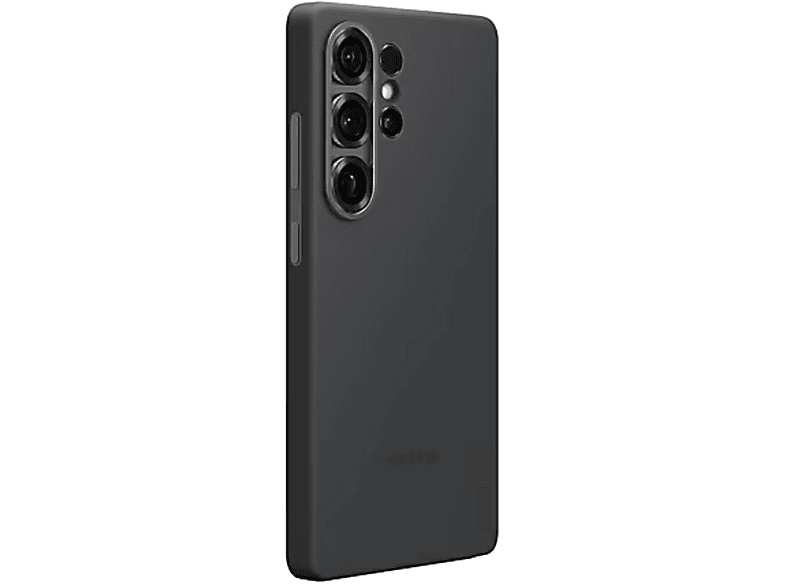 Une coque de téléphone gris foncé avec trois objectifs d'appareil photo, debout.