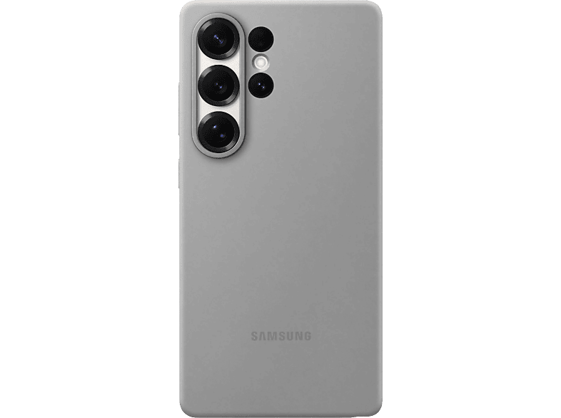 Coque de téléphone Samsung gris clair avec trois objectifs d'appareil photo. Fond noir.