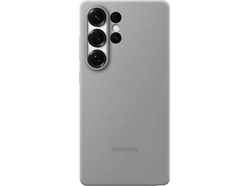 Coque de téléphone Samsung gris clair avec trois objectifs d'appareil photo. Fond noir.
