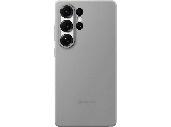 Coque de téléphone Samsung gris clair avec trois objectifs d'appareil photo. Fond noir.