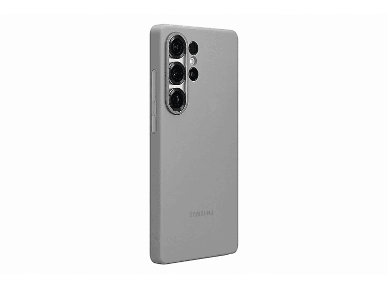Une coque de téléphone gris clair avec trois lentilles d'appareil photo et le logo Samsung sur fond blanc.