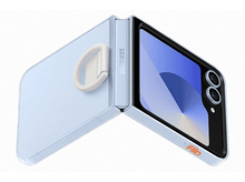 Charger l&#39;image dans la galerie, Téléphone à clapet Samsung bleu clair, partiellement ouvert avec une poignée annulaire blanche. Fond blanc.
