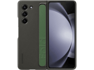 Un étui de téléphone gris foncé avec une sangle verte et un téléphone plié avec un écran.