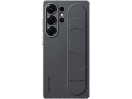 Coque Samsung gris foncé avec trois lentilles de caméra et une poignée au dos.