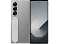 Smartphone pliable, gris argent, ouvert, avec trois caméras arrière et une barre blanche. Fond noir.