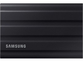Un SSD portable Samsung noir avec une surface nervurée, le logo Samsung visible.