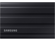 Un SSD portable Samsung noir avec une surface nervurée, le logo Samsung visible.