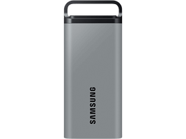 Clé USB Samsung argentée avec poignée noire, sur fond noir.