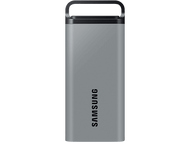Clé USB Samsung argentée avec poignée noire, sur fond noir.