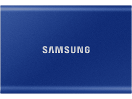 Disque dur portable Samsung bleu. Le mot Samsung est écrit en blanc sur le devant.