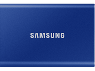 Disque dur portable Samsung bleu. Le mot Samsung est écrit en blanc sur le devant.