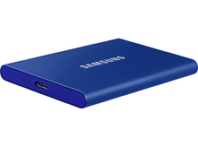 Charger l&#39;image dans la galerie, Un SSD portable Samsung bleu avec un port USB-C sur fond blanc.
