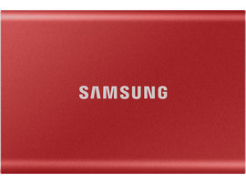Un disque dur externe Samsung rouge avec le logo Samsung en blanc.
