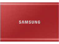 Un disque dur externe Samsung rouge avec le logo Samsung en blanc.