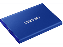 Charger l&#39;image dans la galerie, SSD portable Samsung bleu. Forme rectangulaire avec le logo Samsung en blanc. Fond blanc.
