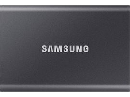 SSD portable Samsung gris foncé avec le logo SAMSUNG en blanc, fond blanc.