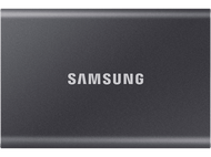 Un disque dur externe Samsung gris foncé avec le nom de la marque en blanc.