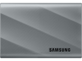 SSD portable gris Samsung avec une surface texturée et le logo Samsung.