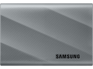 SSD portable gris Samsung avec une surface texturée et le logo Samsung.