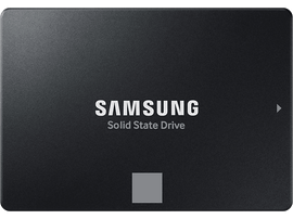 Disque SSD noir avec le logo et le texte Samsung, sur fond blanc.