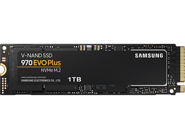 SSD NVMe M.2 Samsung 970 EVO Plus 1TB noir. Il a une étiquette noire avec du texte blanc.