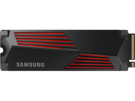 SSD Samsung noir avec des rayures rouges. Fond noir. Vue de dessus. Forme rectangulaire avec connecteur.