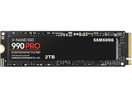 SSD noire avec détails rouges et texte blanc, marque SAMSUNG, étiquetée 990 PRO et 2TB.