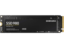 SSD 980 noire de Samsung, 250 Go. Le disque M.2 a une étiquette avec le logo Samsung et les informations sur le modèle.