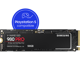 SSD Samsung 980 PRO, 500 Go, noir. Logo de cercle bleu compatible Playstation 5.