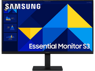 Moniteur Samsung affichant une présentation avec des formes géométriques bleues et jaunes et du texte.