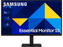 Moniteur Samsung affichant une présentation avec des formes géométriques bleues et jaunes et du texte.
