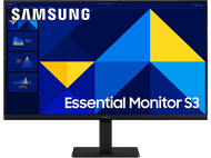 Moniteur Samsung affichant une présentation avec des formes géométriques bleues et jaunes et du texte.