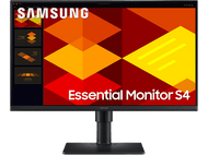 Moniteur d'ordinateur, affichant une présentation, sur un support et un fond noirs.