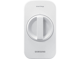 Appareil SmartThings blanc avec cadran central et logo Samsung sur fond noir.