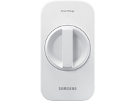 Appareil SmartThings blanc avec cadran central et logo Samsung sur fond noir.