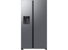 Charger l&#39;image dans la galerie, Un réfrigérateur gris sur fond noir. Il a un distributeur d&#39;eau et un écran numérique sur la porte.
