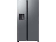 Un réfrigérateur gris sur fond noir. Il a un distributeur d'eau et un écran numérique sur la porte.