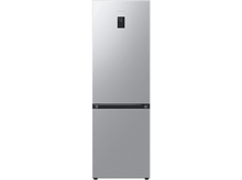 Charger l'image dans la galerie, Réfrigérateur argenté. Il a un écran et des poignées noires et est sur fond noir.
