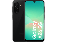 Téléphone Samsung Galaxy A26 5G noir, vue avant et arrière. Fond noir. Écran avec dégradé.