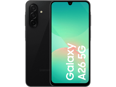 Téléphone Samsung Galaxy A26 5G noir, vue avant et arrière. Fond noir. Écran avec dégradé.