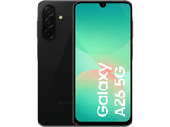Téléphone Samsung Galaxy A26 5G noir, vue avant et arrière. Fond noir. Écran avec dégradé.