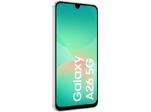 Charger l&#39;image dans la galerie, Un téléphone blanc avec un écran vert affichant &quot;Galaxy A26 5G&quot; en texte blanc.
