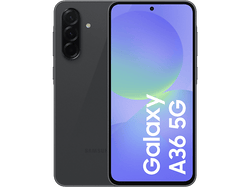 Samsung Galaxy A36 5G gris foncé. Le téléphone affiche des graphiques bleus/verts. Fond noir.
