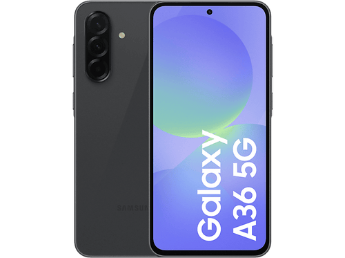 Samsung Galaxy A36 5G gris foncé. Le téléphone affiche des graphiques bleus/verts. Fond noir.